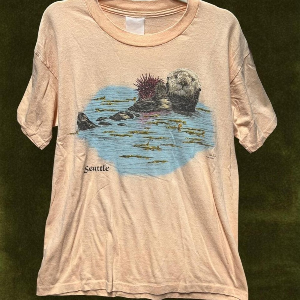 1986 Seattle Sea Otter T-Shirt Peach Terry Houck Signed Art Tee 80s Nature M